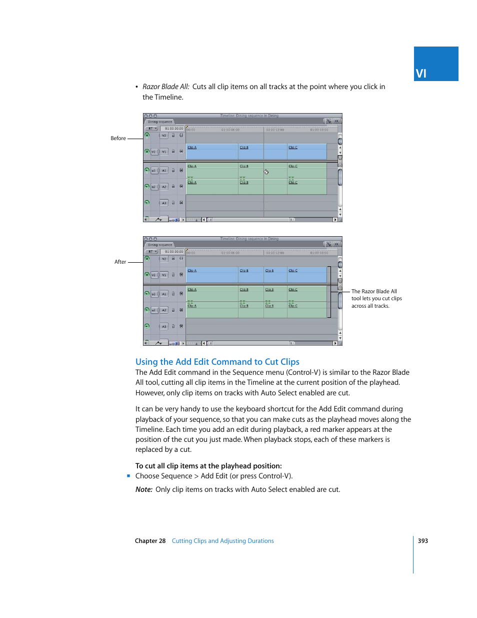 Using the add edit command to cut clips | Apple Final Cut Express HD User Manual | Page 393 / 1153