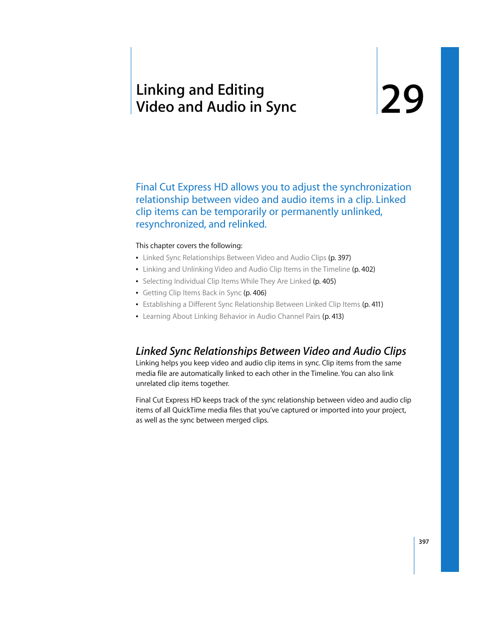 Linking and editing video and audio in sync, Chapter 29, Linking and | Editing video and audio in sync | Apple Final Cut Express HD User Manual | Page 397 / 1153