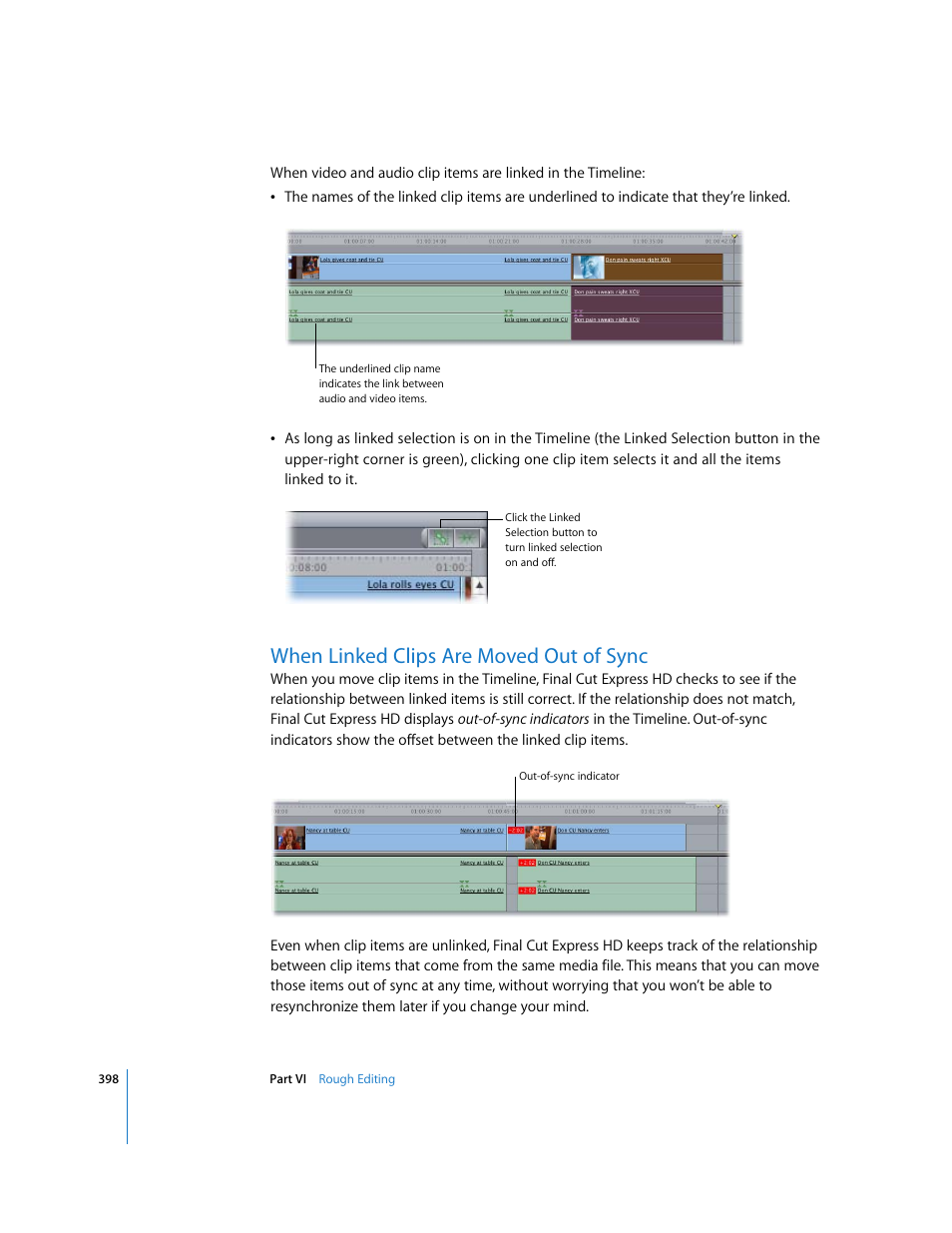 When linked clips are moved out of sync | Apple Final Cut Express HD User Manual | Page 398 / 1153