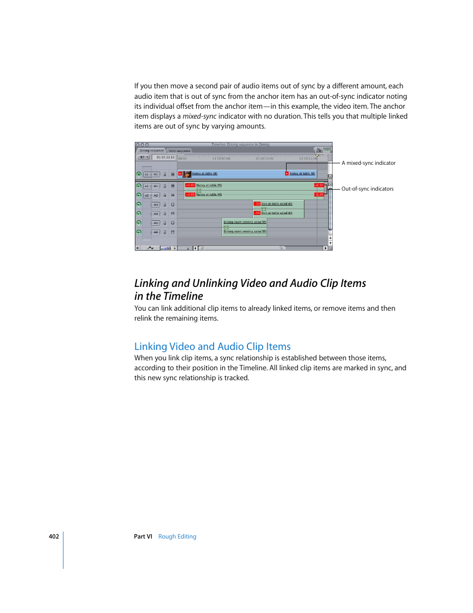 Linking video and audio clip items, Linking, Linking and | P. 402) | Apple Final Cut Express HD User Manual | Page 402 / 1153