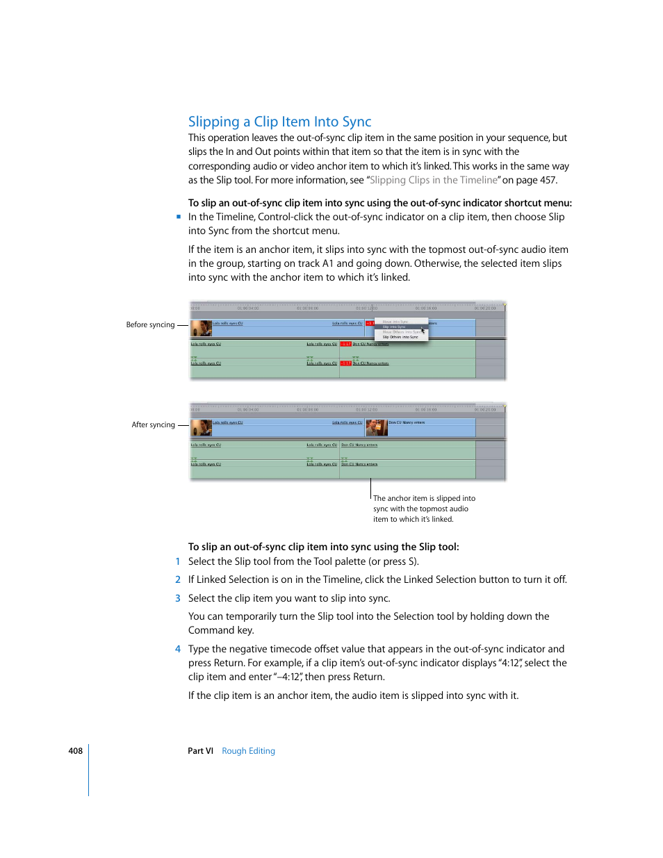 Slipping a clip item into sync | Apple Final Cut Express HD User Manual | Page 408 / 1153