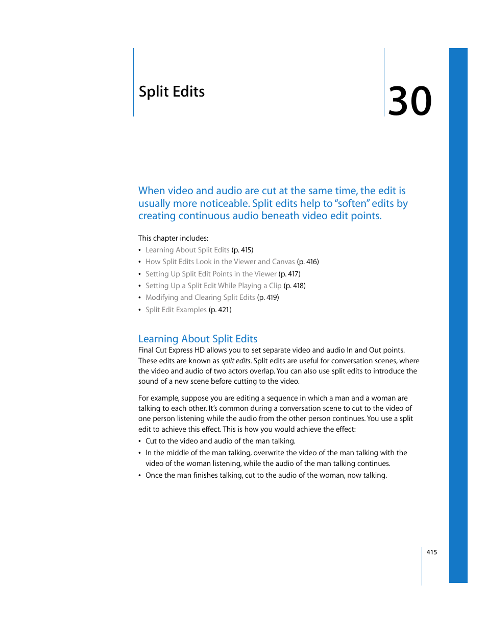 Split edits, Learning about split edits, Chapter 30 | See chapter 30 | Apple Final Cut Express HD User Manual | Page 415 / 1153