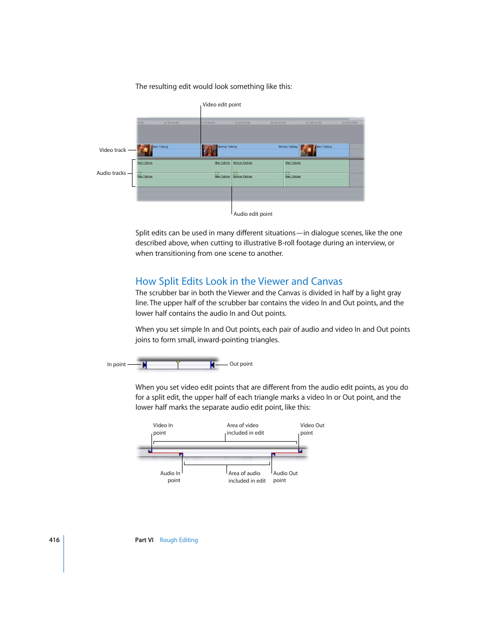 How split edits look in the viewer and canvas, P. 416) | Apple Final Cut Express HD User Manual | Page 416 / 1153