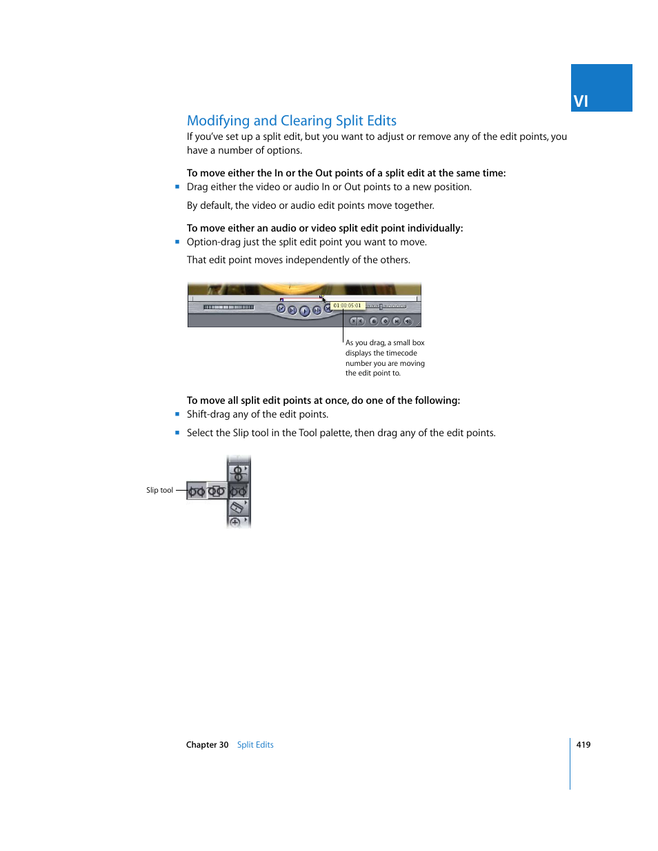 Modifying and clearing split edits, P. 419) | Apple Final Cut Express HD User Manual | Page 419 / 1153
