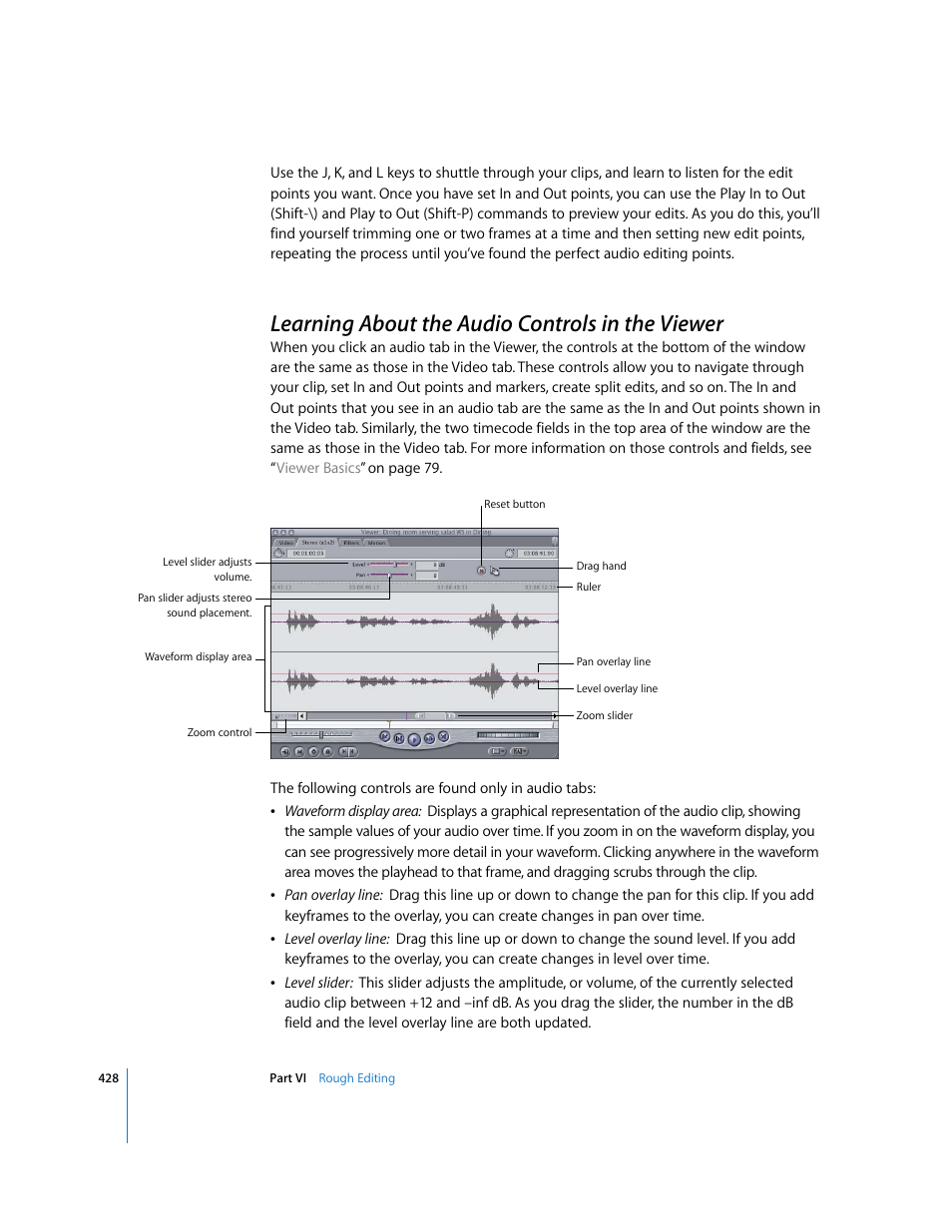 Learning about the audio controls in the viewer, P. 428) | Apple Final Cut Express HD User Manual | Page 428 / 1153