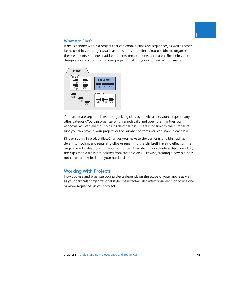 What are bins, Working with projects, P. 43) | Apple Final Cut Express HD User Manual | Page 43 / 1153