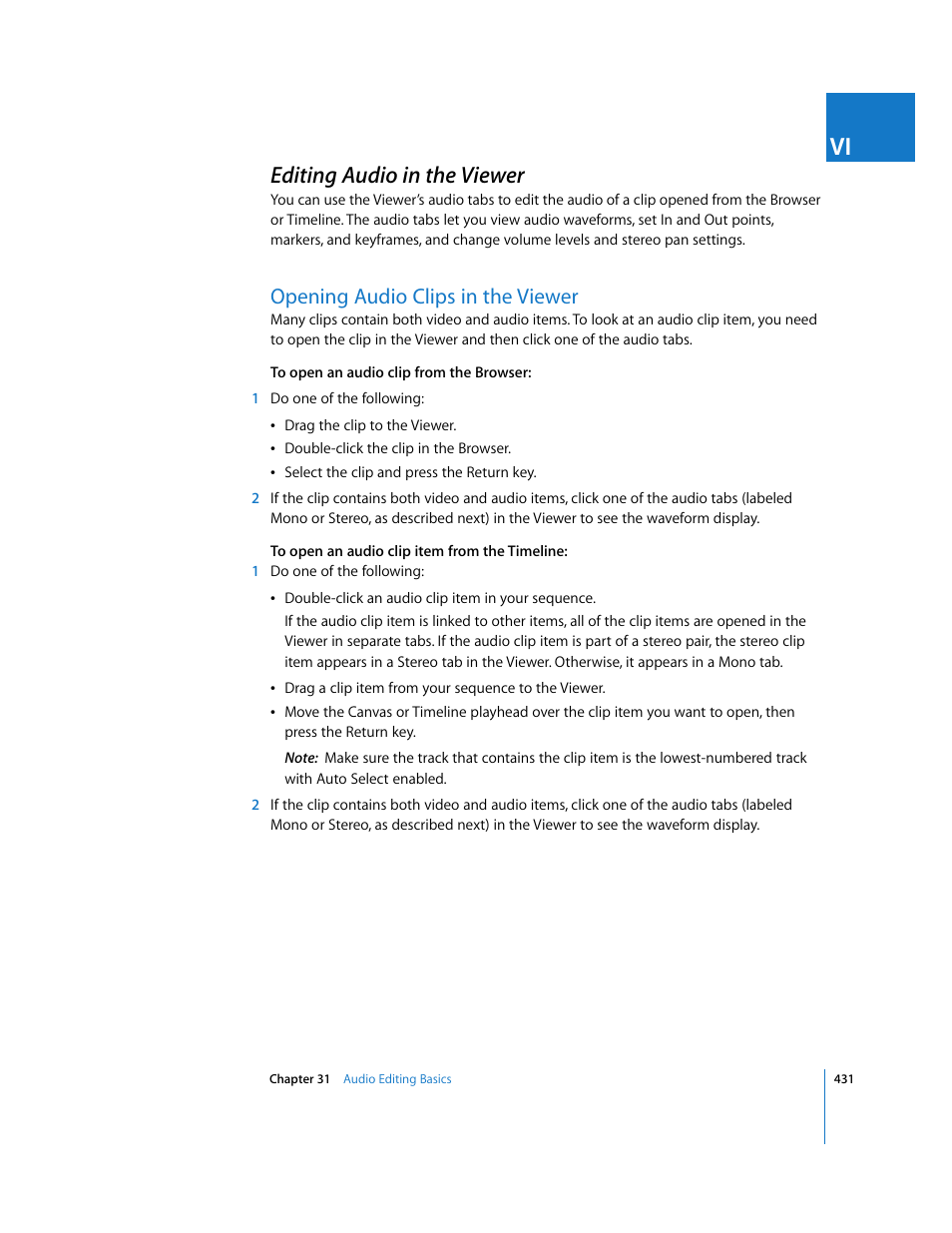 Editing audio in the viewer, Opening audio clips in the viewer, P. 431) | Apple Final Cut Express HD User Manual | Page 431 / 1153
