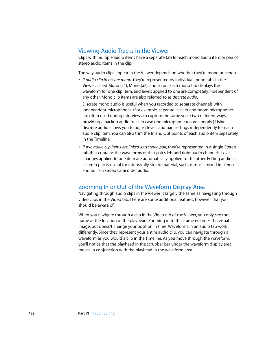 Viewing audio tracks in the viewer, Zooming in or out of the waveform display area | Apple Final Cut Express HD User Manual | Page 432 / 1153