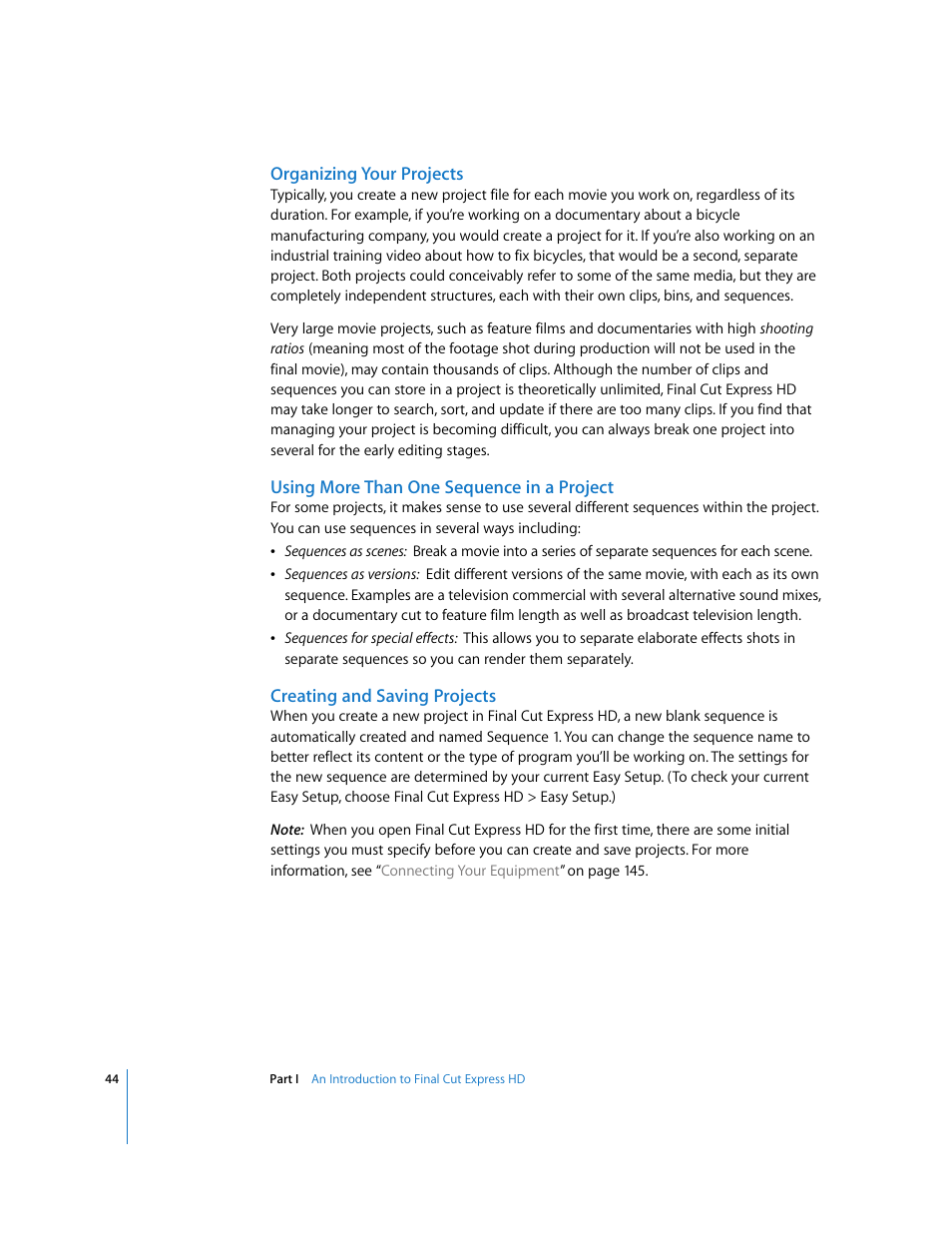 Organizing your projects, Using more than one sequence in a project, Creating and saving projects | Apple Final Cut Express HD User Manual | Page 44 / 1153