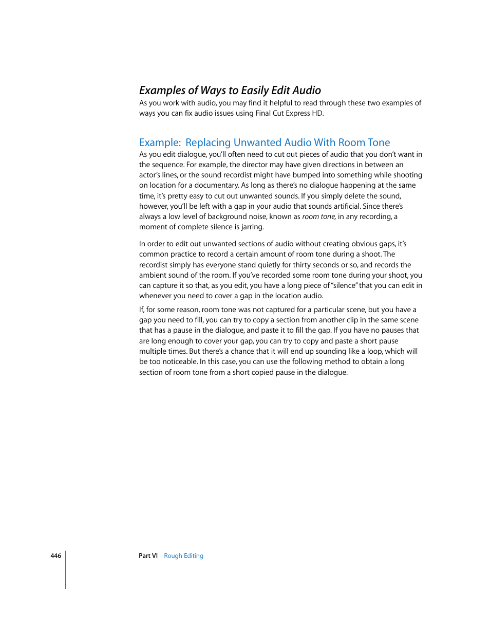 Examples of ways to easily edit audio, Example: replacing unwanted audio with room tone, P. 446) | Apple Final Cut Express HD User Manual | Page 446 / 1153
