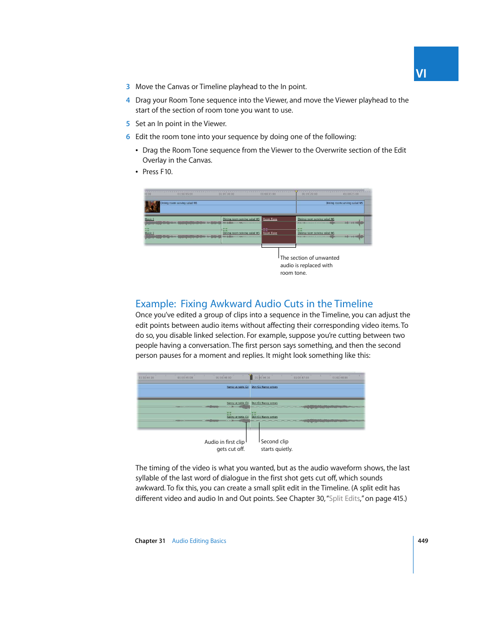 Example: fixing awkward audio cuts in the timeline | Apple Final Cut Express HD User Manual | Page 449 / 1153
