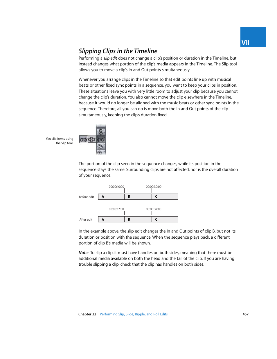 Slipping clips in the timeline, P. 457) | Apple Final Cut Express HD User Manual | Page 457 / 1153