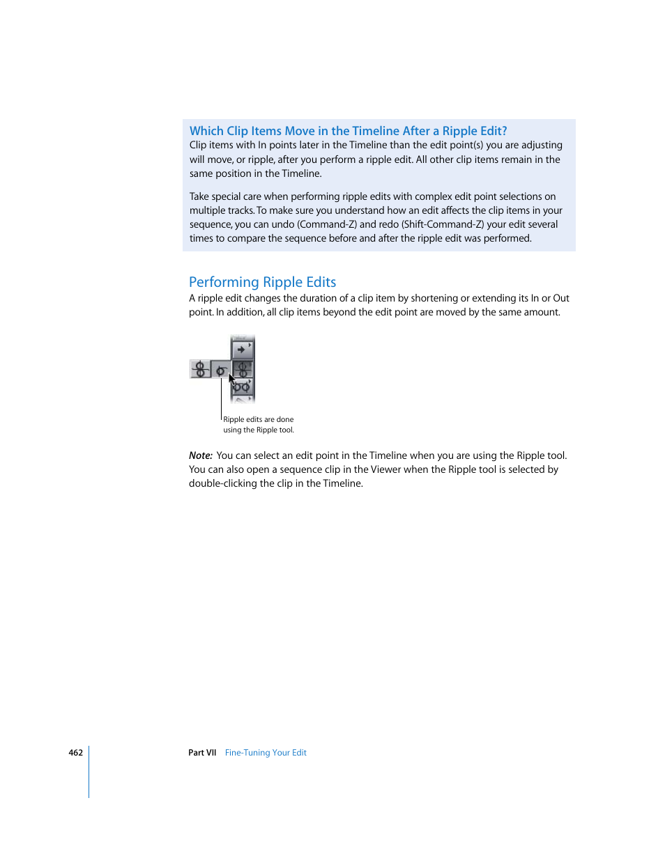 Performing ripple edits | Apple Final Cut Express HD User Manual | Page 462 / 1153