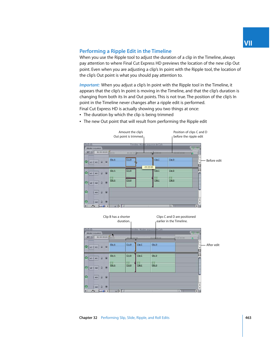 Performing a ripple edit in the timeline | Apple Final Cut Express HD User Manual | Page 463 / 1153