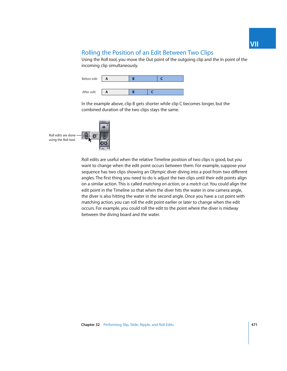 Rolling the position of an edit between two clips | Apple Final Cut Express HD User Manual | Page 471 / 1153