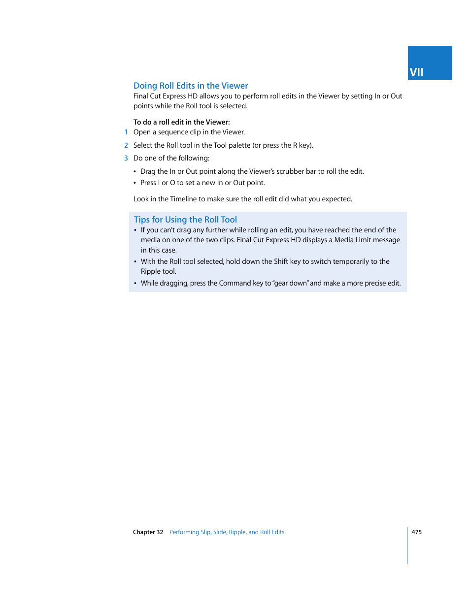 Doing roll edits in the viewer, Tips for using the roll tool | Apple Final Cut Express HD User Manual | Page 475 / 1153