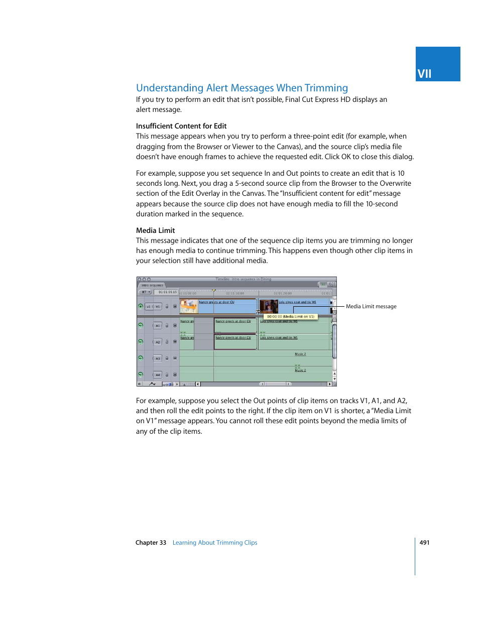 Understanding alert messages when trimming | Apple Final Cut Express HD User Manual | Page 491 / 1153