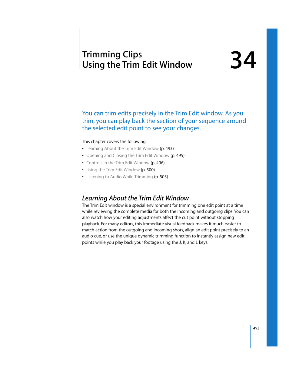 Trimming clips using the trim edit window, Learning about the trim edit window, Chapter 34 | Er 34, Trimming, Clips using the trim edit window | Apple Final Cut Express HD User Manual | Page 493 / 1153