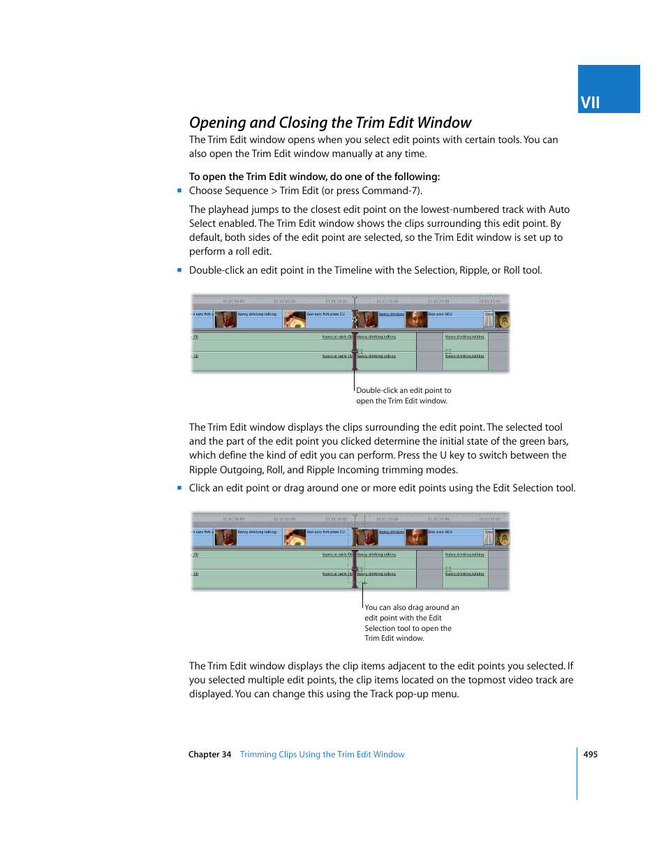 Opening and closing the trim edit window, P. 495) | Apple Final Cut Express HD User Manual | Page 495 / 1153