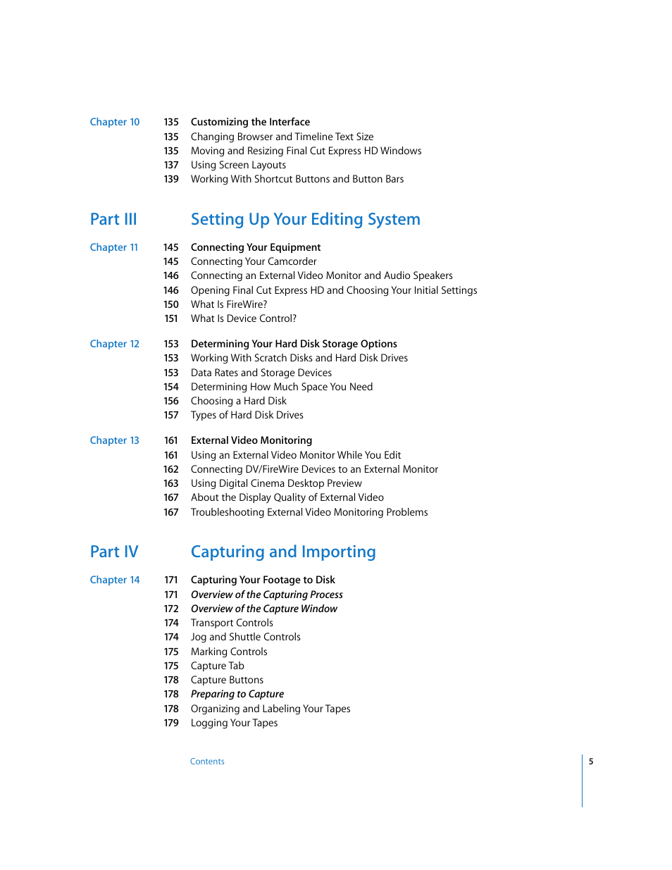 Part iii setting up your editing system, Part iv capturing and importing | Apple Final Cut Express HD User Manual | Page 5 / 1153