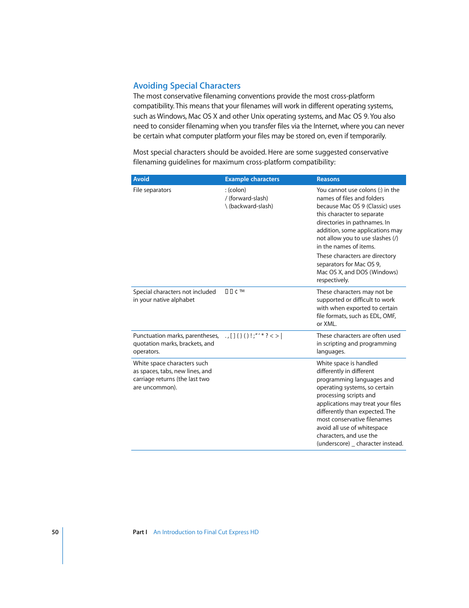 Avoiding special characters | Apple Final Cut Express HD User Manual | Page 50 / 1153
