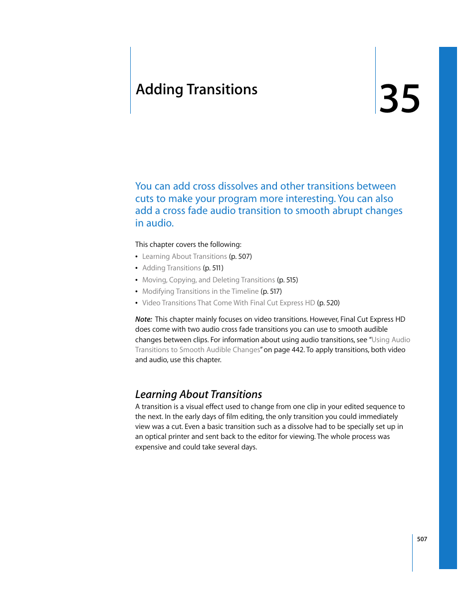 Adding transitions, Learning about transitions, Chapter 35 | See chapter 35 | Apple Final Cut Express HD User Manual | Page 507 / 1153