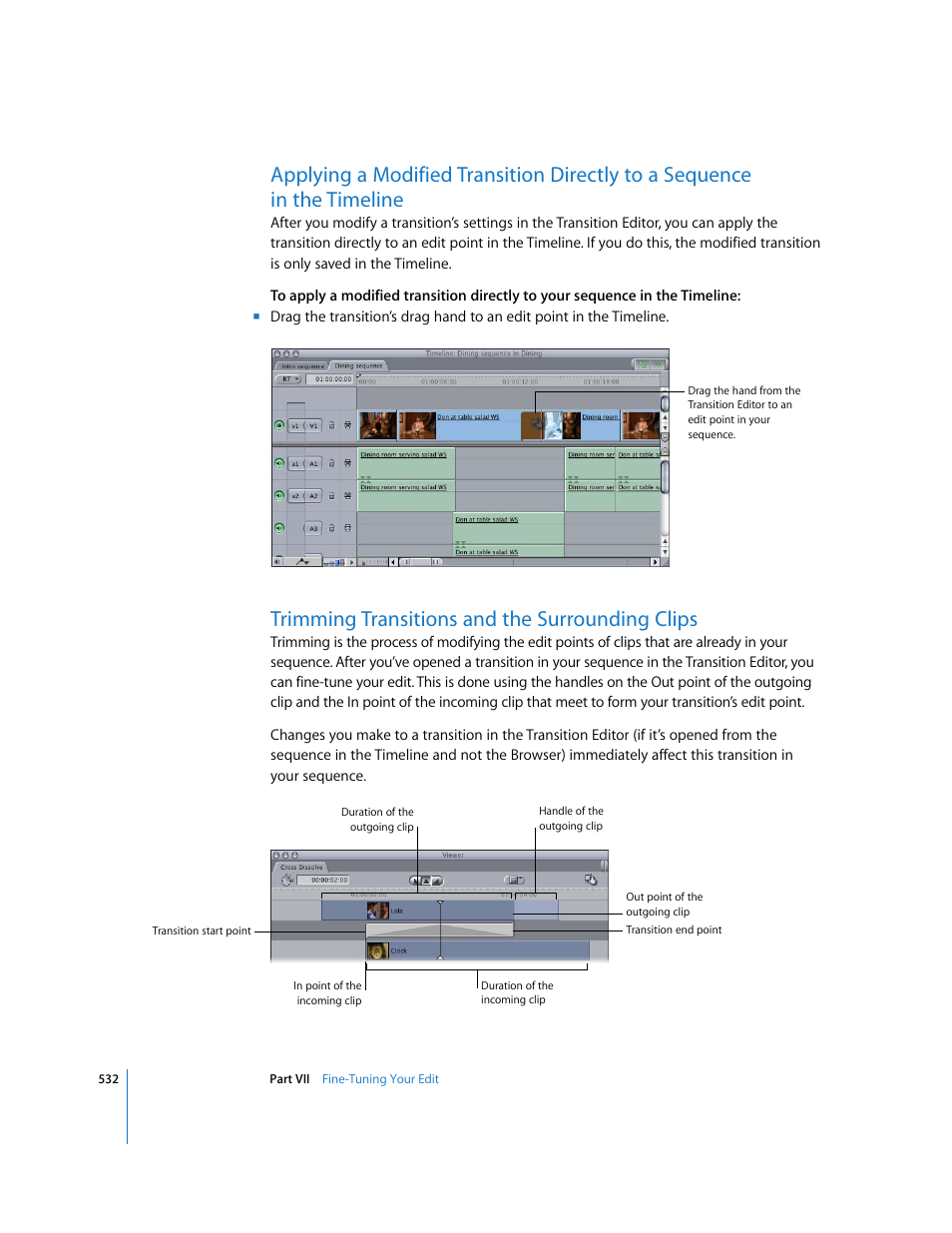 Trimming transitions and the surrounding clips, P. 532) | Apple Final Cut Express HD User Manual | Page 532 / 1153