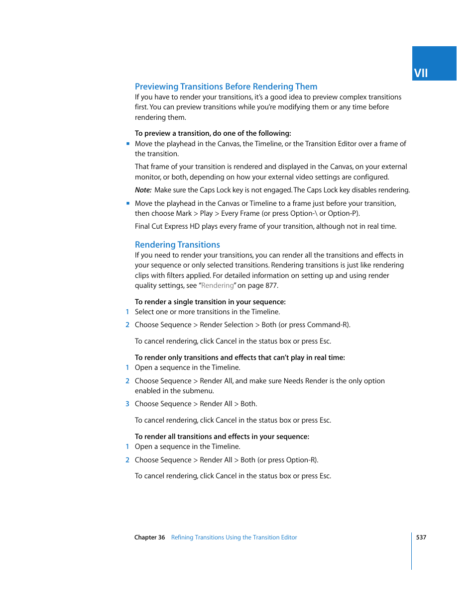 Previewing transitions before rendering them, Rendering transitions | Apple Final Cut Express HD User Manual | Page 537 / 1153