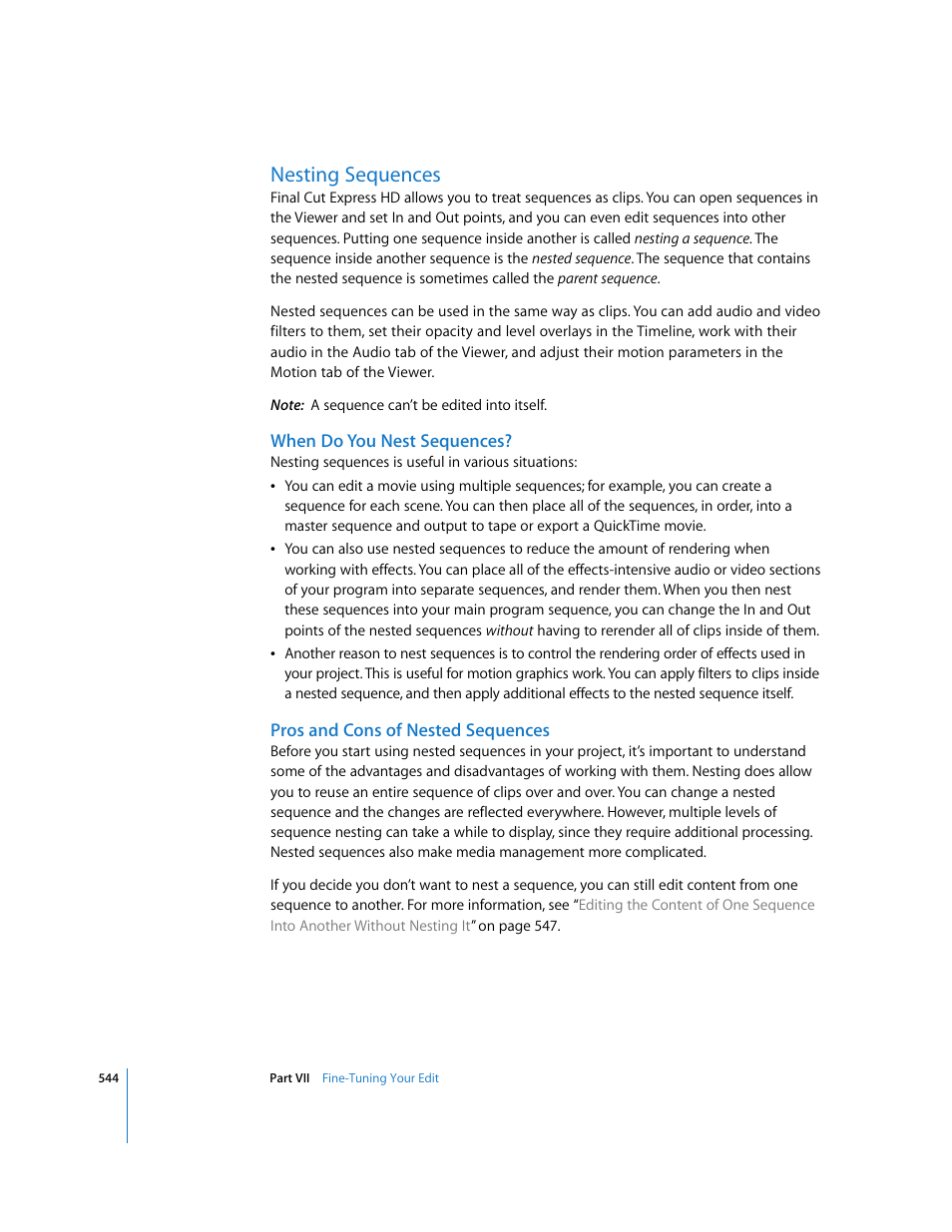 Nesting sequences, When do you nest sequences, Pros and cons of nested sequences | P. 544) | Apple Final Cut Express HD User Manual | Page 544 / 1153