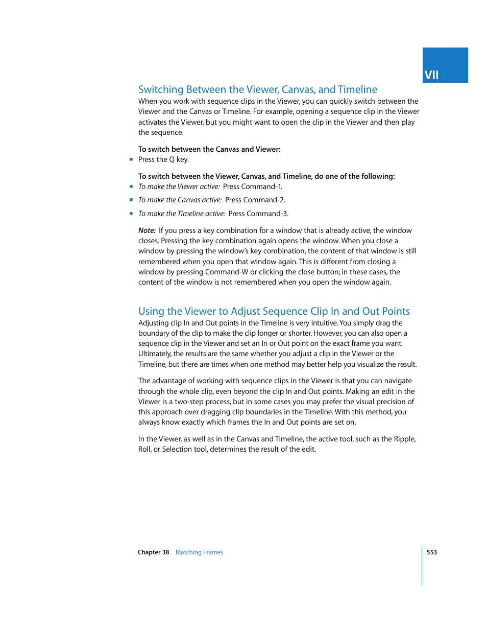 Switching between the viewer, canvas, and timeline | Apple Final Cut Express HD User Manual | Page 553 / 1153