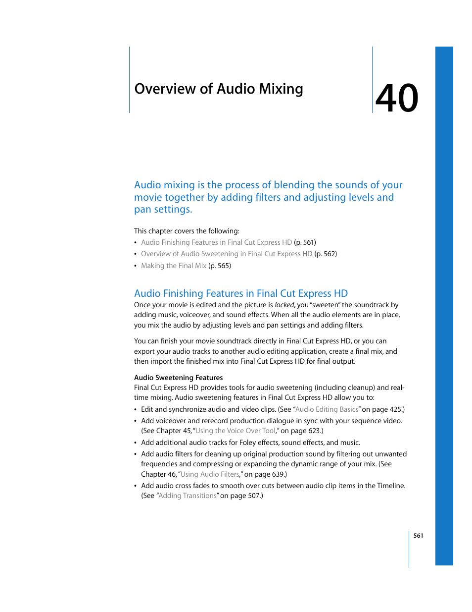 Overview of audio mixing, Audio finishing features in final cut express hd, Chapter 40 | Apple Final Cut Express HD User Manual | Page 561 / 1153