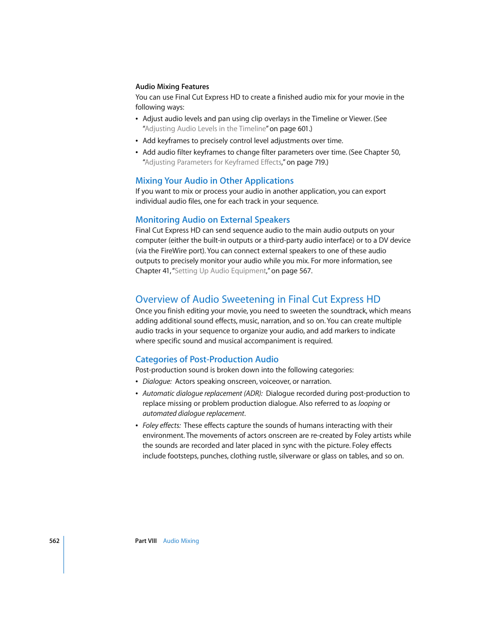 Mixing your audio in other applications, Monitoring audio on external speakers, Categories of post-production audio | P. 562) | Apple Final Cut Express HD User Manual | Page 562 / 1153