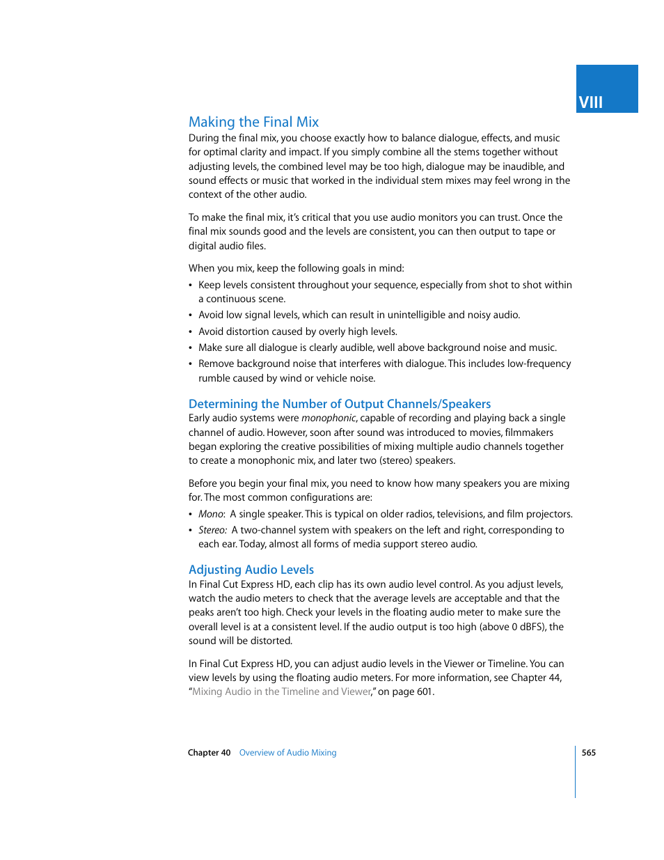 Making the final mix, Determining the number of output channels/speakers, Adjusting audio levels | P. 565), Viii | Apple Final Cut Express HD User Manual | Page 565 / 1153
