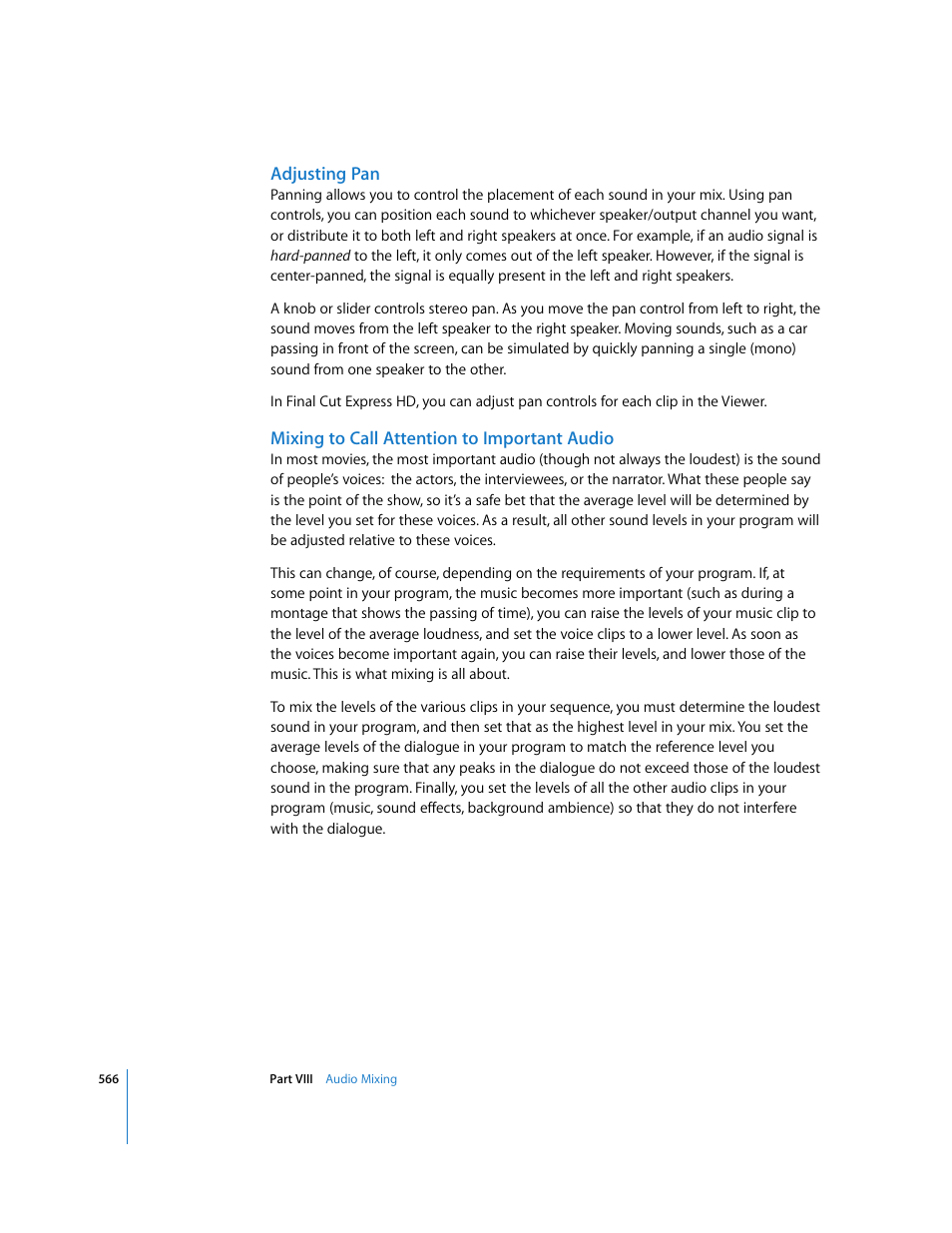 Adjusting pan, Mixing to call attention to important audio | Apple Final Cut Express HD User Manual | Page 566 / 1153