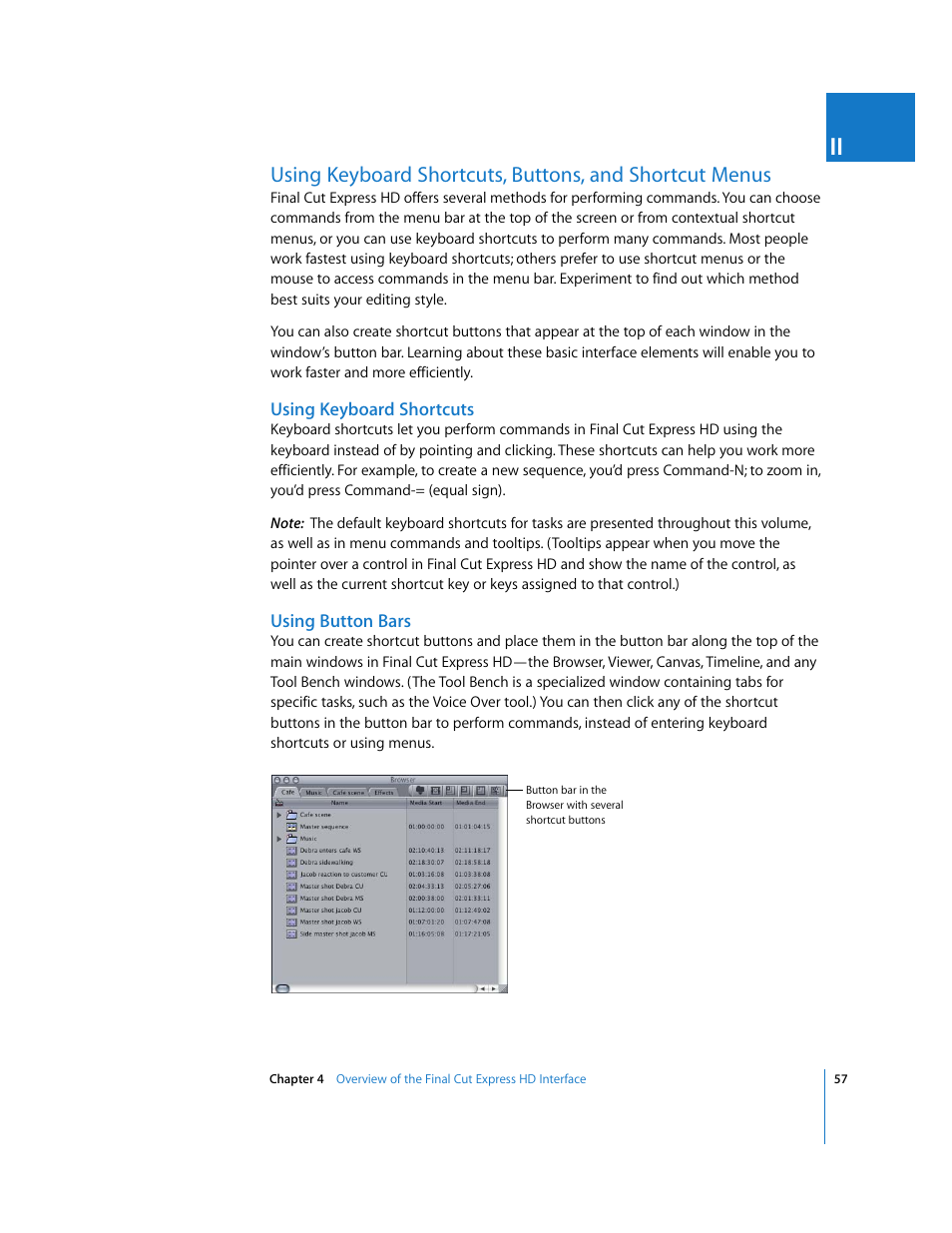 Using keyboard shortcuts, Using button bars, P. 57) | Apple Final Cut Express HD User Manual | Page 57 / 1153