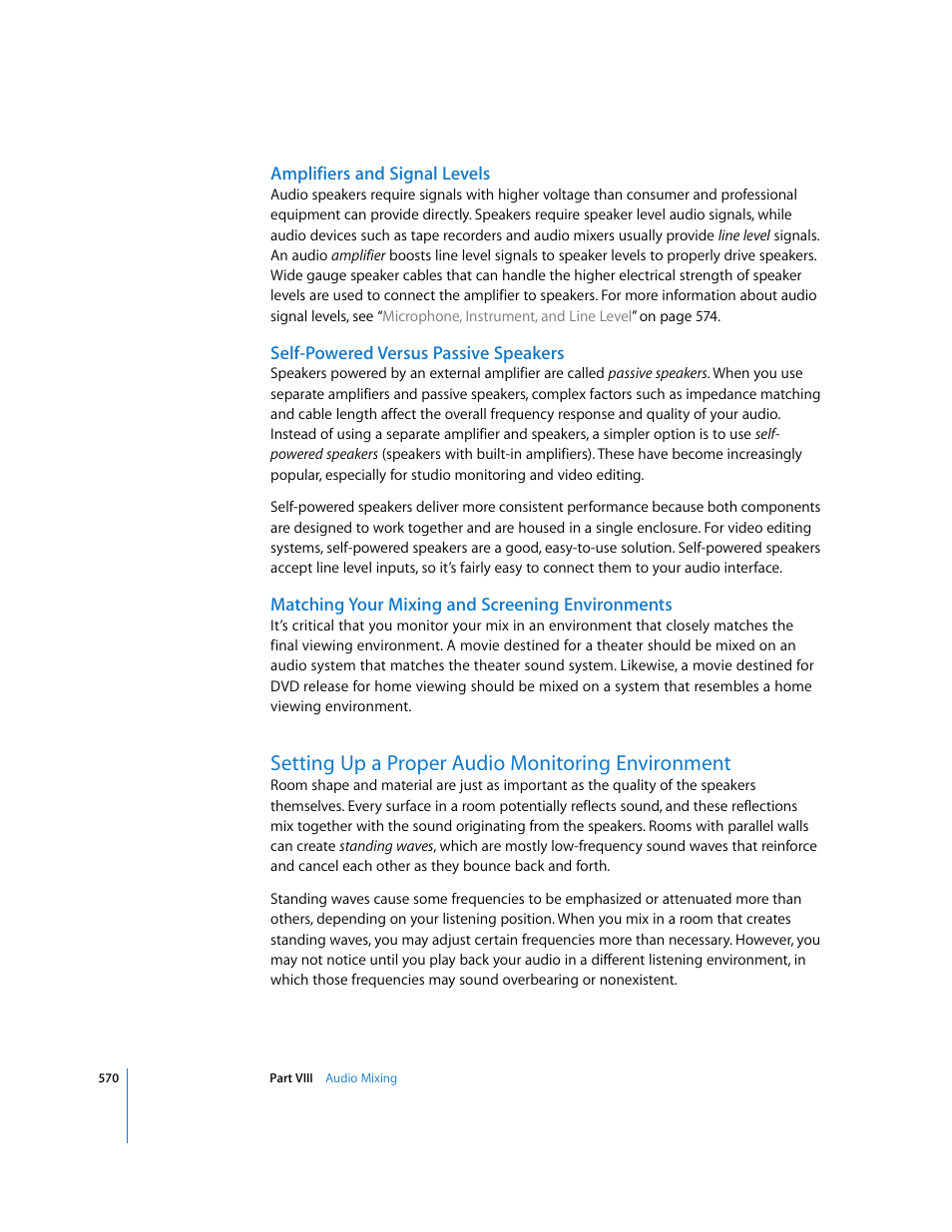 Amplifiers and signal levels, Self-powered versus passive speakers, Matching your mixing and screening environments | Setting up a proper audio monitoring environment | Apple Final Cut Express HD User Manual | Page 570 / 1153