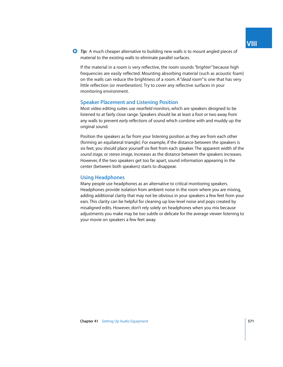 Speaker placement and listening position, Using headphones, Viii | Apple Final Cut Express HD User Manual | Page 571 / 1153