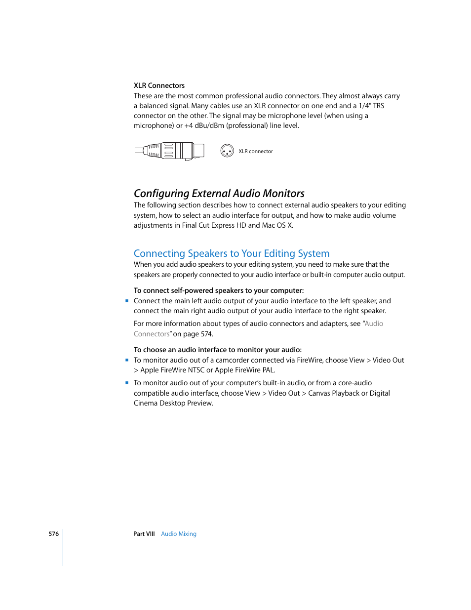 Configuring external audio monitors, Connecting speakers to your editing system, P. 576) | Apple Final Cut Express HD User Manual | Page 576 / 1153