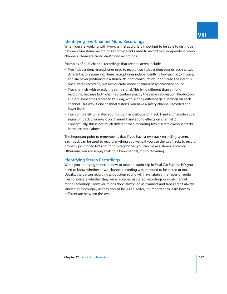 Identifying two-channel mono recordings, Identifying stereo recordings, Viii | Apple Final Cut Express HD User Manual | Page 587 / 1153