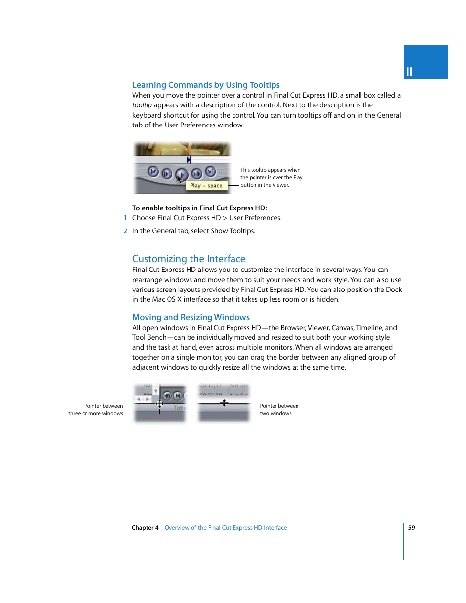 Learning commands by using tooltips, Customizing the interface, Moving and resizing windows | P. 59) | Apple Final Cut Express HD User Manual | Page 59 / 1153