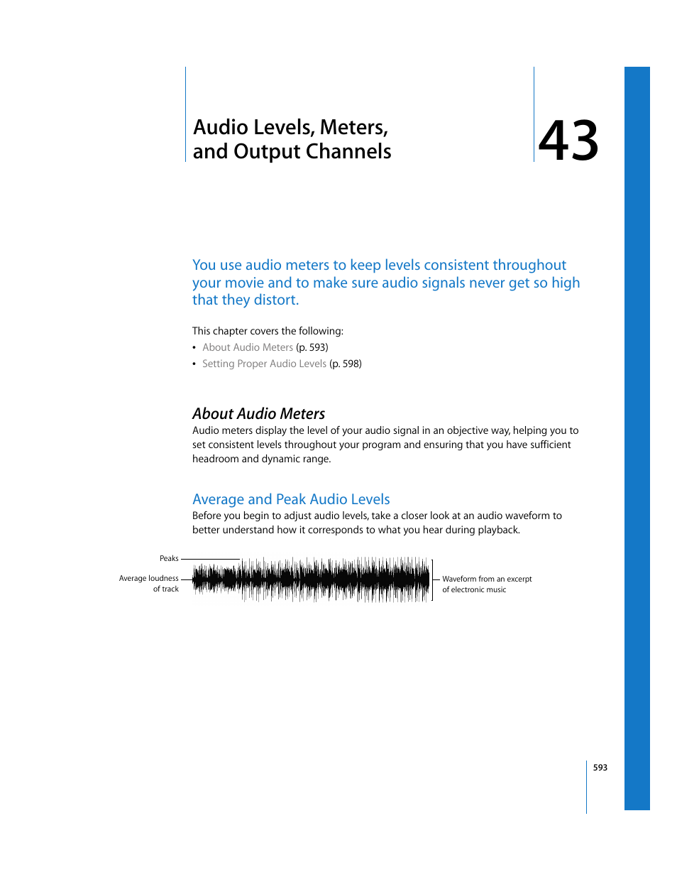 Audio levels, meters, and output channels, About audio meters, Average and peak audio levels | Chapter 43 | Apple Final Cut Express HD User Manual | Page 593 / 1153