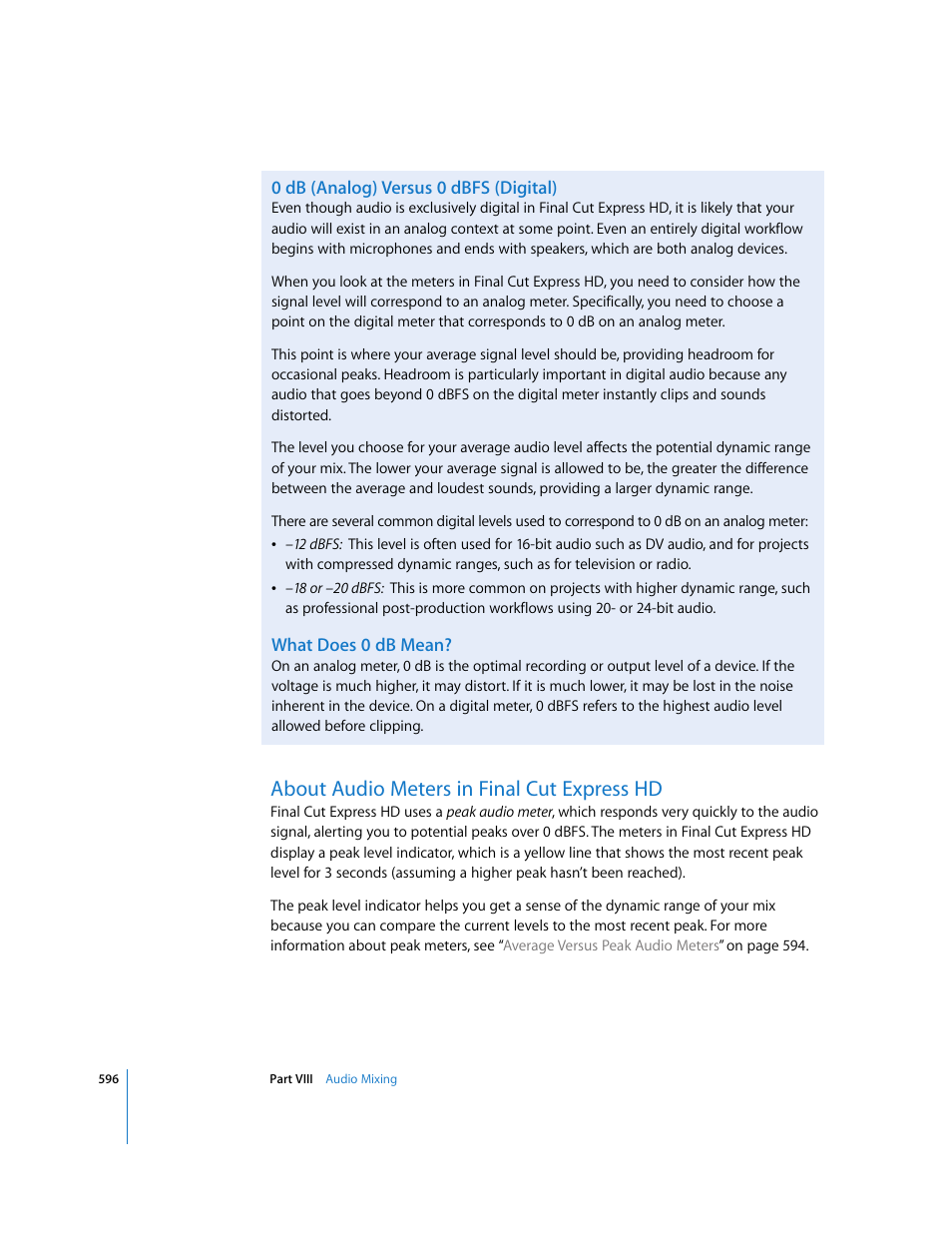 0 db (analog) versus 0 dbfs (digital), What does 0 db mean, About audio meters in final cut express hd | Apple Final Cut Express HD User Manual | Page 596 / 1153