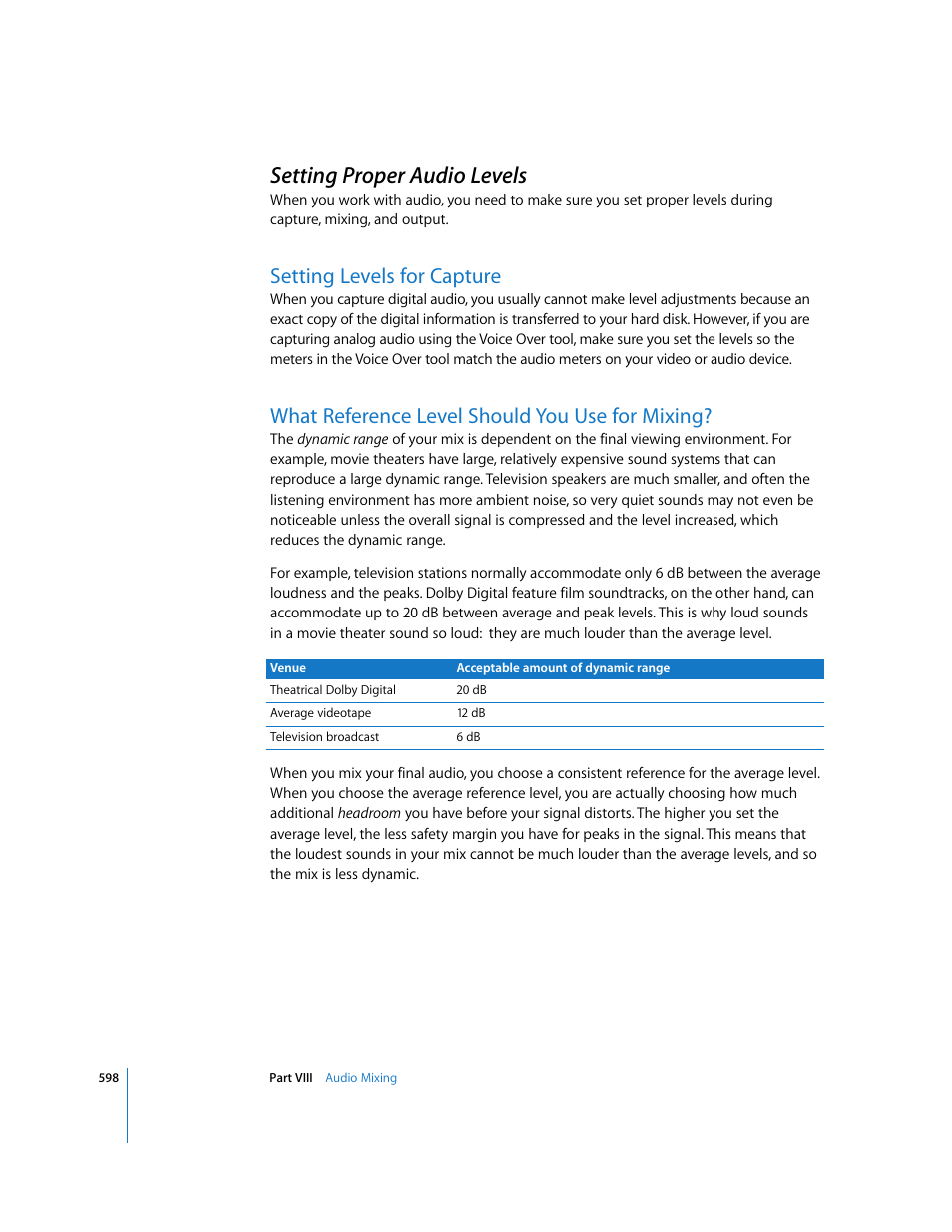 Setting proper audio levels, Setting levels for capture, What reference level should you use for mixing | P. 598) | Apple Final Cut Express HD User Manual | Page 598 / 1153