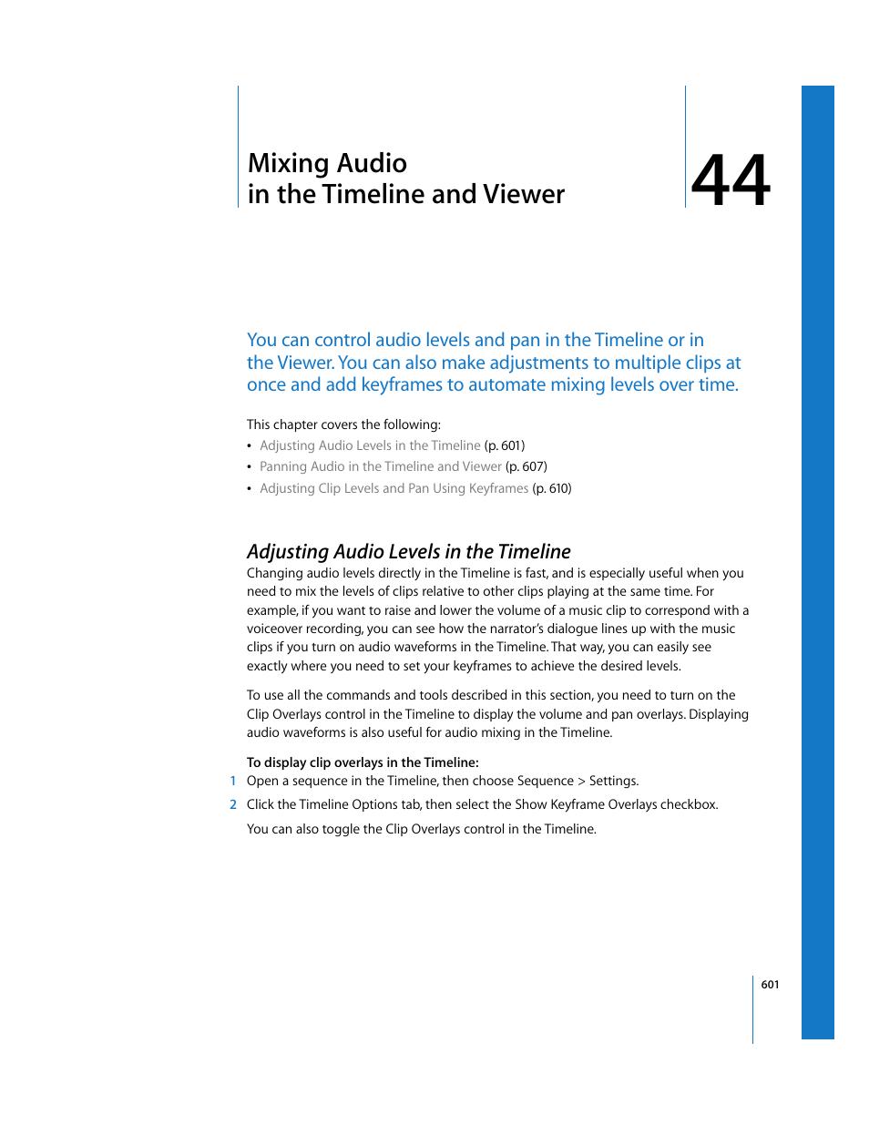 Mixing audio in the timeline and viewer, Adjusting audio levels in the timeline, Chapter 44 | Scribed in, Mixing audio, In the timeline and viewer | Apple Final Cut Express HD User Manual | Page 601 / 1153