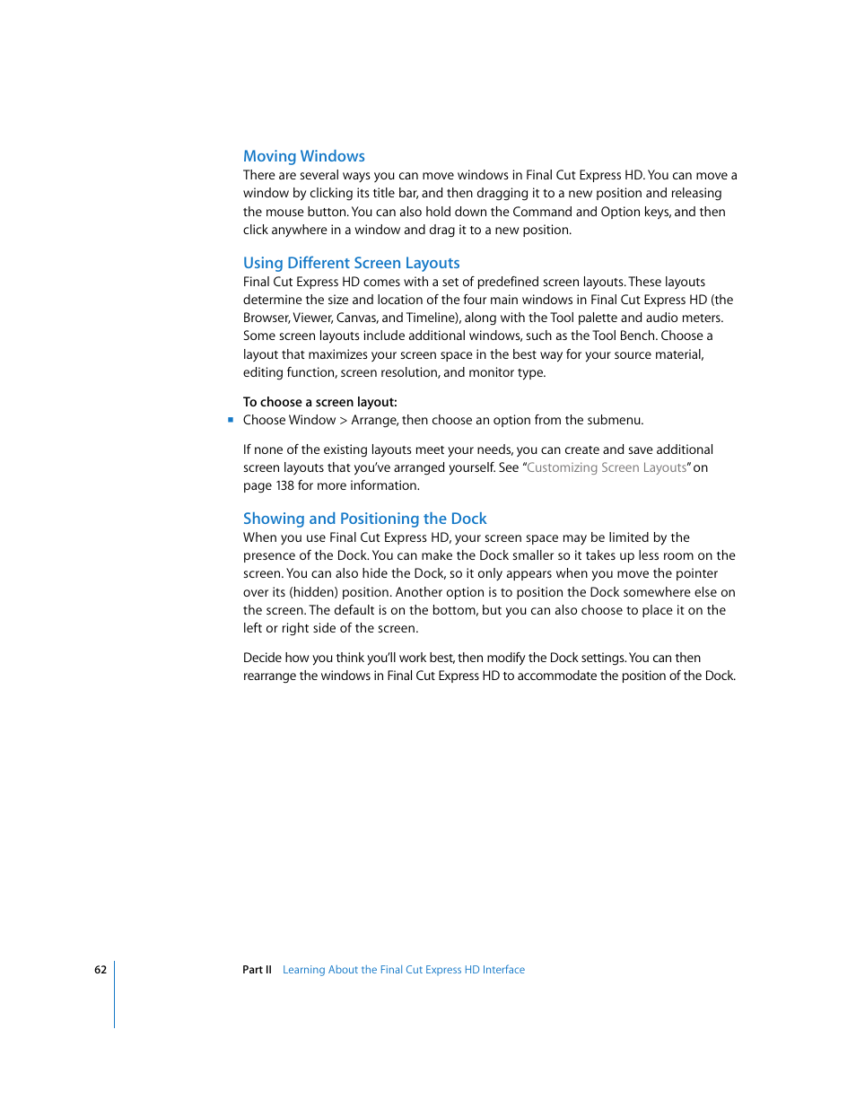 Moving windows, Using different screen layouts, Showing and positioning the dock | Apple Final Cut Express HD User Manual | Page 62 / 1153