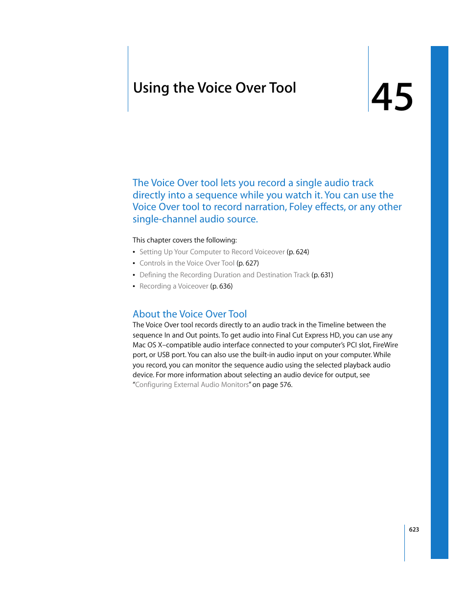 Using the voice over tool, About the voice over tool, Chapter 45 | Ee chapter 45 | Apple Final Cut Express HD User Manual | Page 623 / 1153