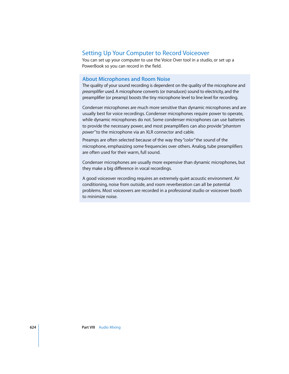 Setting up your computer to record voiceover, About microphones and room noise, P. 624) | Apple Final Cut Express HD User Manual | Page 624 / 1153