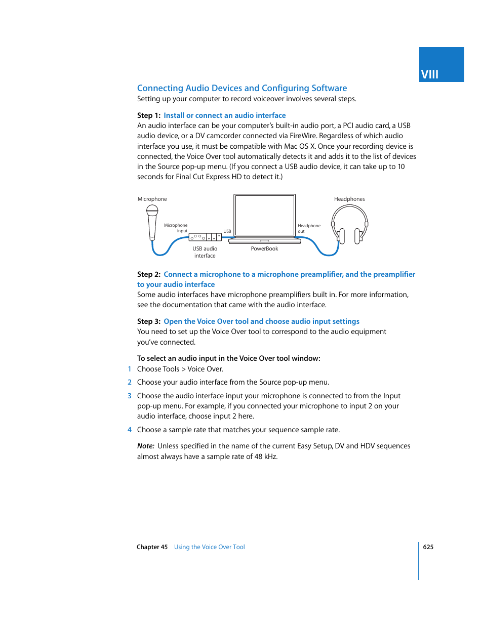 Connecting audio devices and configuring software, Viii | Apple Final Cut Express HD User Manual | Page 625 / 1153