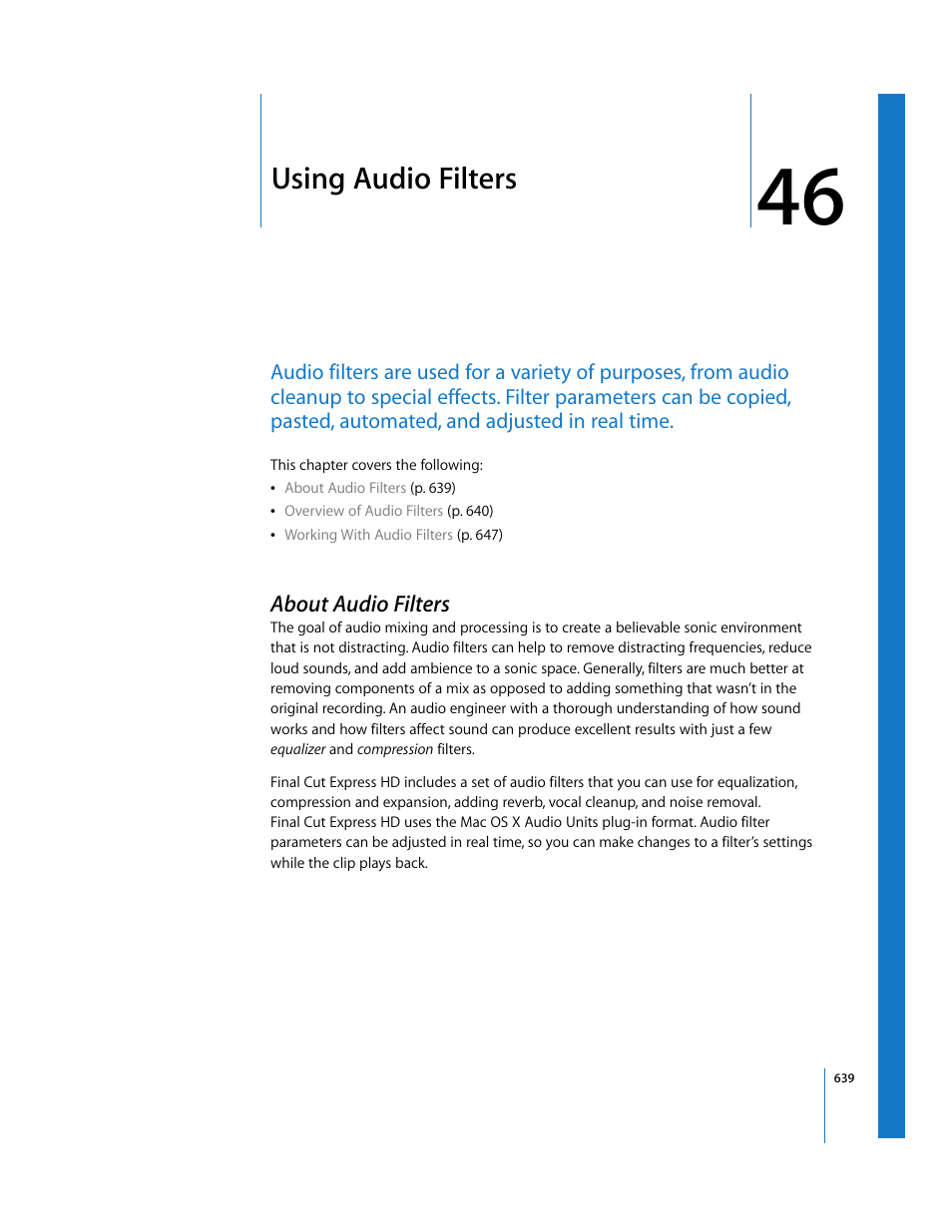 Using audio filters, About audio filters, Chapter 46 | Apple Final Cut Express HD User Manual | Page 639 / 1153