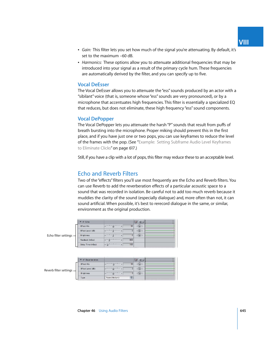 Vocal deesser, Vocal depopper, Echo and reverb filters | Viii | Apple Final Cut Express HD User Manual | Page 645 / 1153